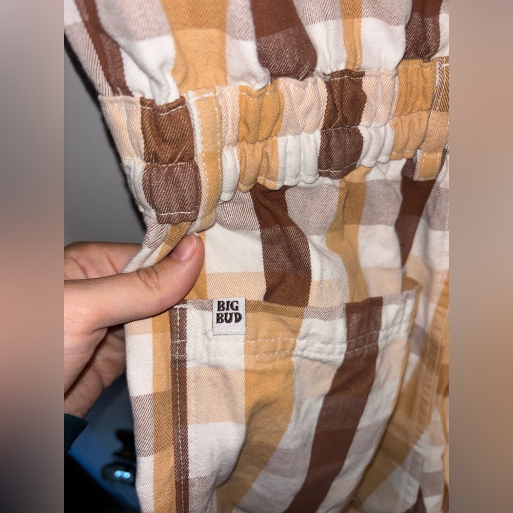 Big Bud Press Gingham Short Sleeve Jumper Brown Tan White Size Medium USA - Picture 9 of 10
